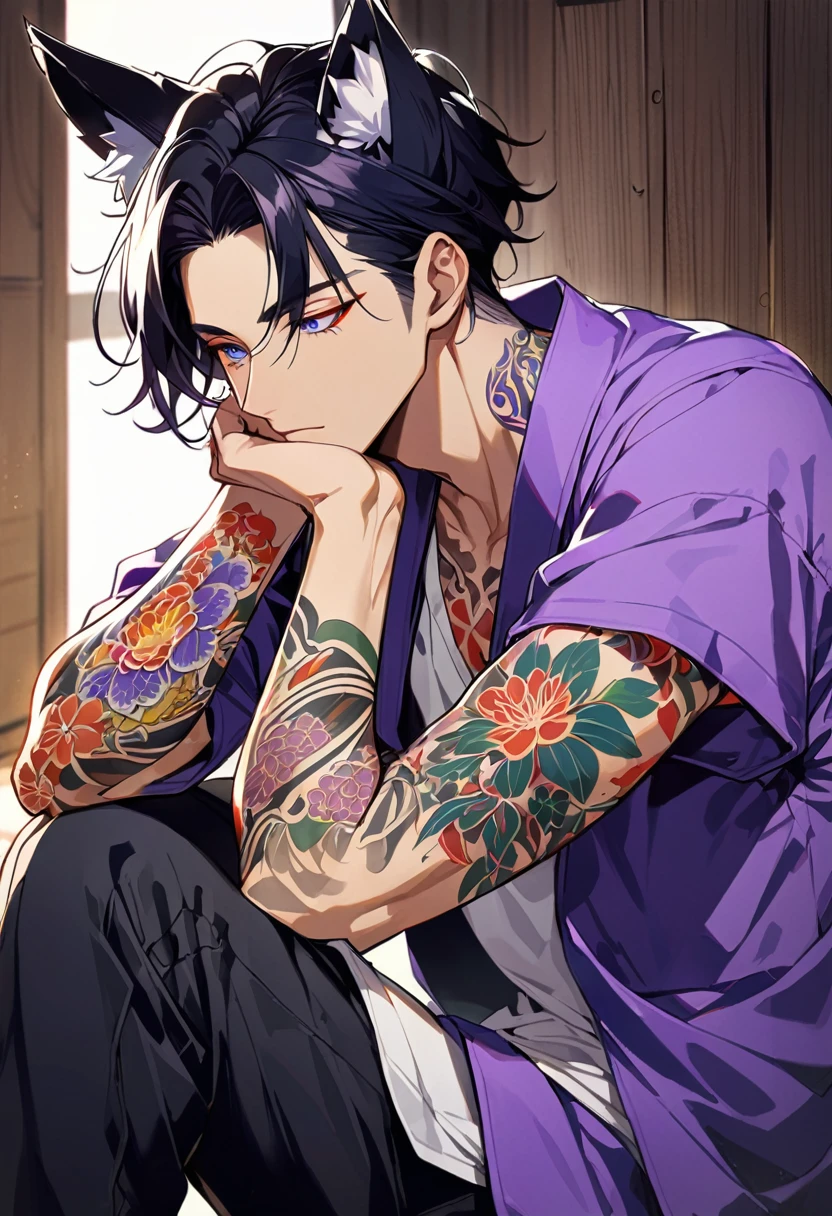 1man, short black hair, fox ears, bright blueviolet eyes, wearing a purple casual jacket, wearing a white undershirt, wearing black pants , wearing a vintage blueviolet watch, japanese style tattoos,  colorfull tattoos, tattoos all over the arms, resting head with hand