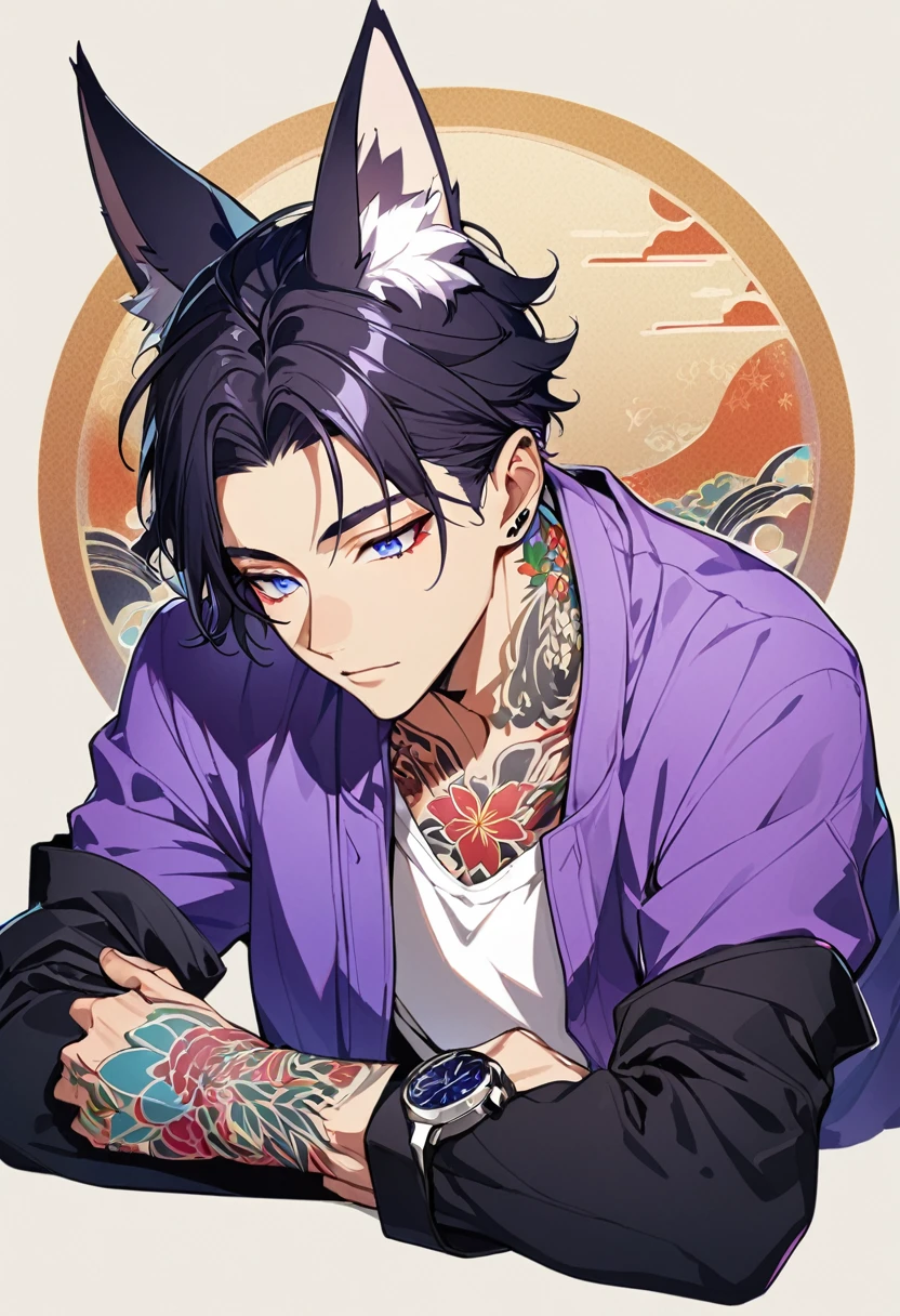 1man, short black hair, fox ears, bright blueviolet eyes, wearing a purple casual jacket, wearing a white undershirt, wearing black pants , wearing a vintage blueviolet watch, japanese style tattoos,  colorfull tattoos, tattoos all over the arms, resting head with hand