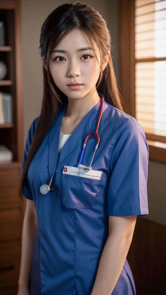 A beautiful young Japanese woman, around 20 years old, wearing a Nurses' Uniforms, ultra-detailed, 8K resolution, highly realistic, cinematic lighting, best quality, masterpiece, photorealistic, physically-based rendering, extremely detailed, vivid colors, professional, sharp focus, studio lighting