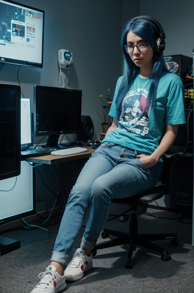 A full-body image of a slim woman with glasses, dyed blue hair, and a quirky sense of style. She is dressed in a gamer tee, jeans, and sneakers. She is sitting at her gaming desk, surrounded by multiple monitors and gaming gear, with a headset on. Her room has colorful LED lights and gaming posters on the walls.