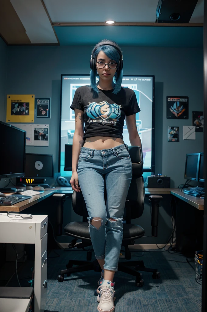 Salander black hair. a pale, cute, sad young woman who has hair as short as a fuse, and a pierced nose and eyebrows,, with dragon tattoo, seating in dark hacker room, with laptop, wiev from side