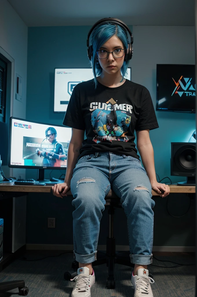A full-body image of a slim woman with glasses, dyed blue hair, and a quirky sense of style. She is dressed in a gamer tee, jeans, and sneakers. She is sitting at her gaming desk, surrounded by multiple monitors and gaming gear, with a headset on. Her room has colorful LED lights and gaming posters on the walls.