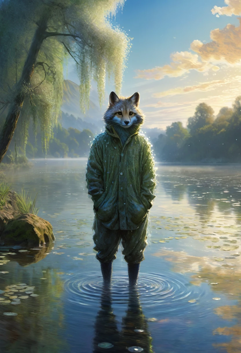 High-quality illustrations by Claude Monet, Impressionism, cover_page, highres, absurdres, detailed background, lake, dawn, detailed forest, clouds, Mysterious and romantic atmosphere, caustics surface(refraction, polarization)perfect anatomy(handsome 1boy, single, kemono, solo focus)volumetric lighting, Wet clothes, Water droplets(furry anthro)(very detailed body fur)full body, soft and delicate color palette, dramatic composition,
