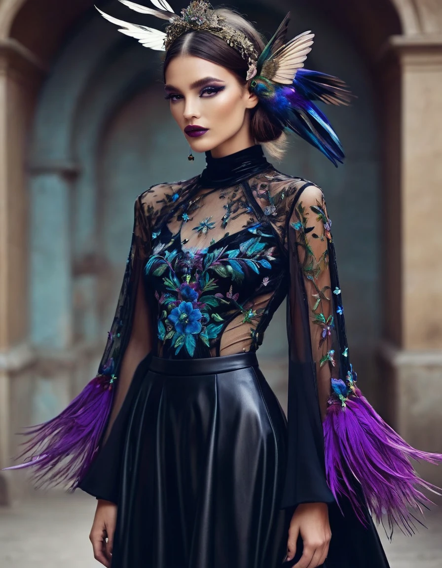 ### Outfit for Paula Inspired by the Hummingbird with Gothic Elements
**Main Clothing:**
- **Top:** Long sleeve blouse in black velvet, fitted bodysuit with embroidered hummingbird feather details in bright shades of blue and purple. The blouse has dark lace that adds a gothic touch.
- **Skirt:** Skirt larga y fluida en capas de tul y encaje, in dark tones ranging from black to dark blue. The skirt has embroidery of flowers and hummingbirds in bright tones, imitating the iridescent flight of the hummingbird.
- **layer:** layer larga de terciopelo negro con detalles de encaje y bordados de símbolos góticos. The cape has an elegant drape that adds drama to Paula's movement on stage.
**accessories:**
- **touched:** Black metal headband with small hummingbird feathers and gems that shine in the light, simulating the vibrant feathers of the bird. Headband includes black leather and metal details, adding a gothic touch.
- **necklaces and bracelets:** Necklaces with glass beads in bright shades and hummingbird-shaped pendants. Multi-layer bracelets with tiny beads and feathers.
- **shoes:** High thick heel boots in black leather, with lace details and hummingbird embroidery on the sides.
**make-up:**
- **Eyes:** Eye shadows in blue and purple tones, with dramatic eyeliner and long eyelashes that enhance the look. A touch of glitter in the eyes to simulate the iridescent glow of the hummingbird.
- **lips:** lips en un tono ciruela o rojo oscuro, complementing the shades of eye makeup.
**Additional details:**
- **feathers:** Hummingbird feather details sewn into the cape, the headdress and the edges of the skirt, adding texture and movement.
- **Embroidery and Lace:** Embroidered details of flowers and hummingbirds on the skirt and blouse, along with lace that adds a gothic and elegant touch.