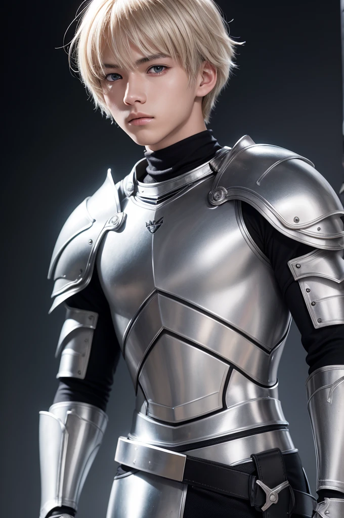 creates an image of a young man with short hair, light blonde bangs, silver eyes, silver armor, make him holding a 90s anime style sword 