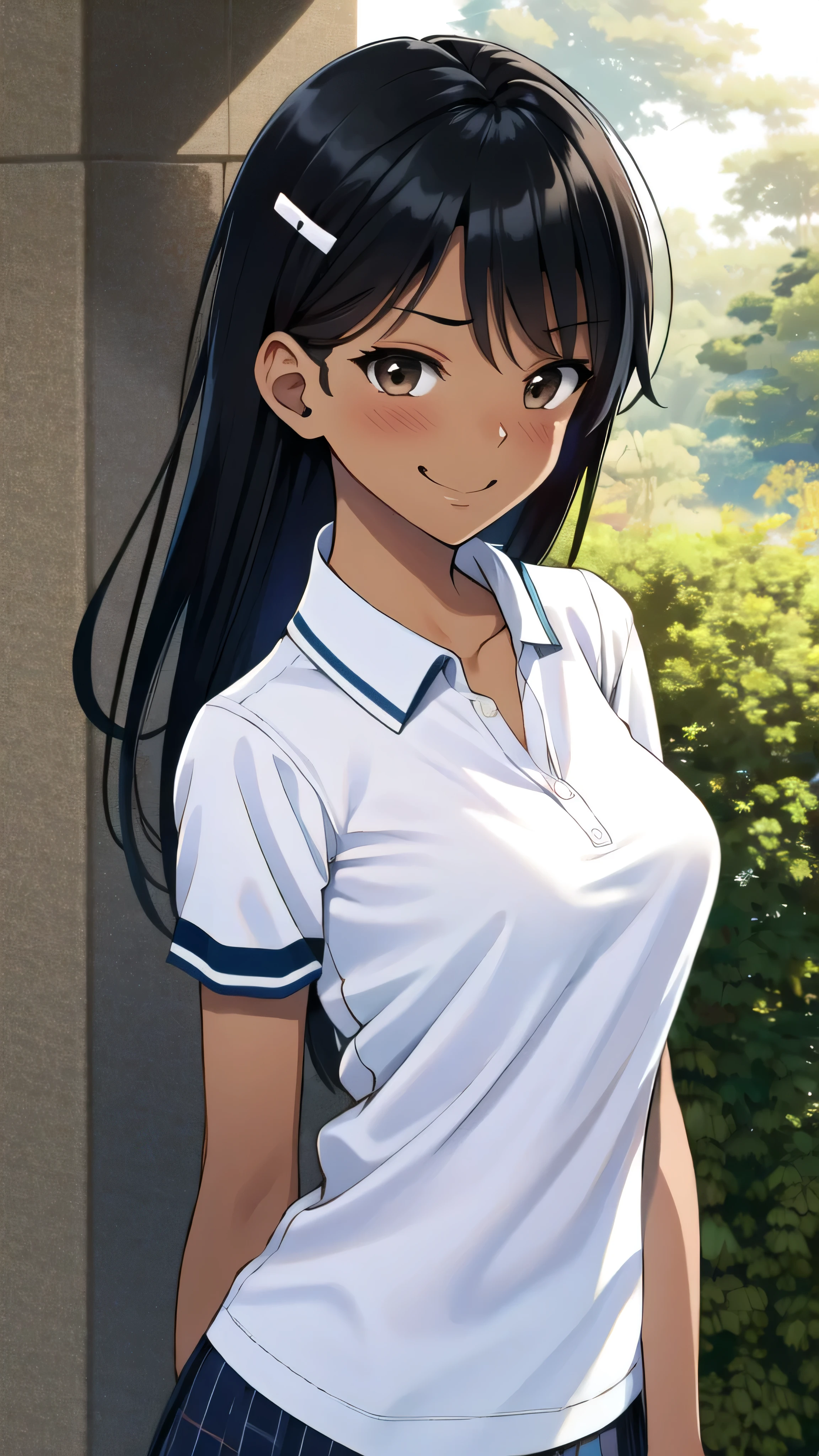 ((best quality)), ((masterpiece)), (details), one girl, sexy ((best quality)), ((masterpiece)), (details), one girl, sexy ((best quality)), ((masterpiece)), (details), one girl, full body, sexy expensive body, expensive, long legs, mature woman, mature, adult, it_nagatoro_main, Hayase Nagatoro, one girl, blushing, alone, uniform polo shirt, short sleeves, black hair,brown eyes, hair accessory, looking at viewer, hair clip, smiling, long hair, dark skinned woman, dark skin, , bangs, daytime, skirt, collared shirt, collarbone, ear clip, mouth closed, tree, asymmetrical bangs, upper body