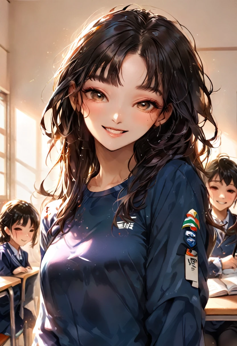 Sidna souriante dans son uniforme dans la classe du matin