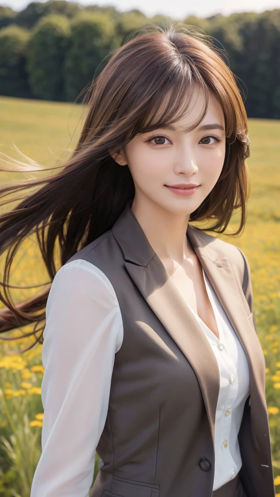 highest quality、genuine、Super detailed、finely、High resolution、8k wallpaper、one beautiful woman、、、light brown disheveled hair、wearing a business suit、sharp focus、perfect dynamic composition、beautiful and detailed eyes、thin hair、Detailed genuine skin texture、smile、model body shape、In a windswept meadow