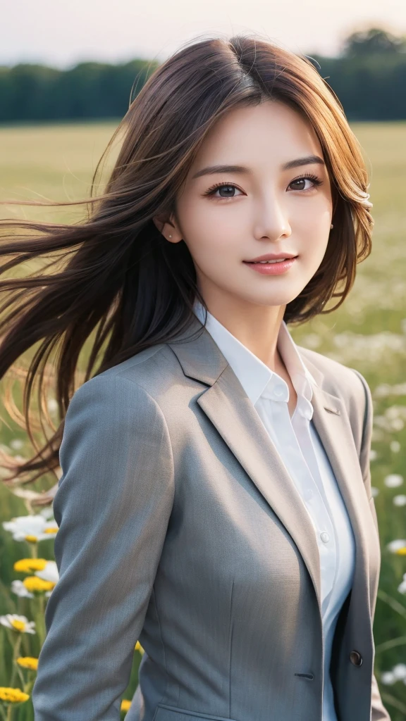 highest quality、genuine、Super detailed、finely、High resolution、8k wallpaper、one beautiful woman、、、light brown disheveled hair、wearing a business suit、sharp focus、perfect dynamic composition、beautiful and detailed eyes、thin hair、Detailed genuine skin texture、smile、model body shape、In a windswept meadow