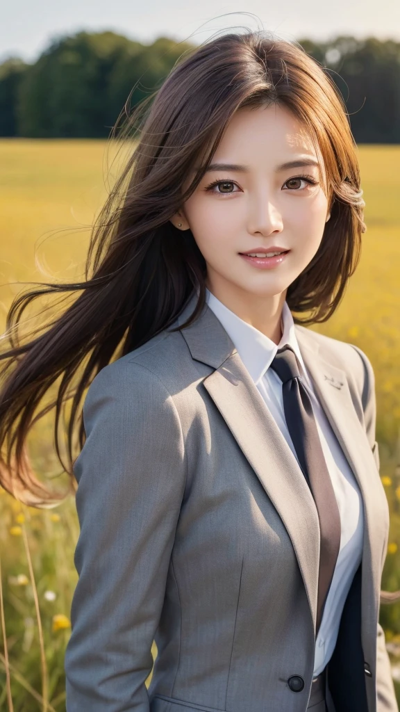 highest quality、genuine、Super detailed、finely、High resolution、8k wallpaper、one beautiful woman、、、light brown disheveled hair、wearing a business suit、sharp focus、perfect dynamic composition、beautiful and detailed eyes、thin hair、Detailed genuine skin texture、smile、model body shape、In a windswept meadow
