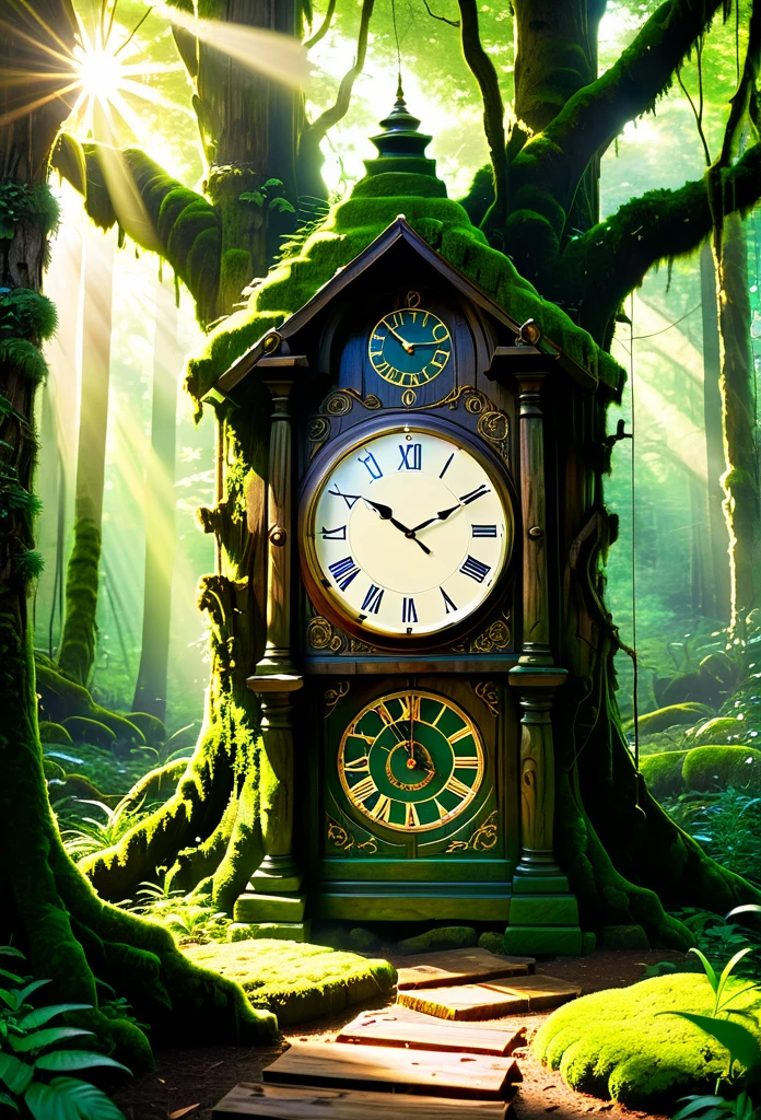 Wooden Clock in the Forest: A large wall clock made of rustic wood, hanging from an ancient, sturdy tree in a lush forest. Moss partially covers the clock, and beams of sunlight penetrate through the treetops, creating a magical and timeless setting.