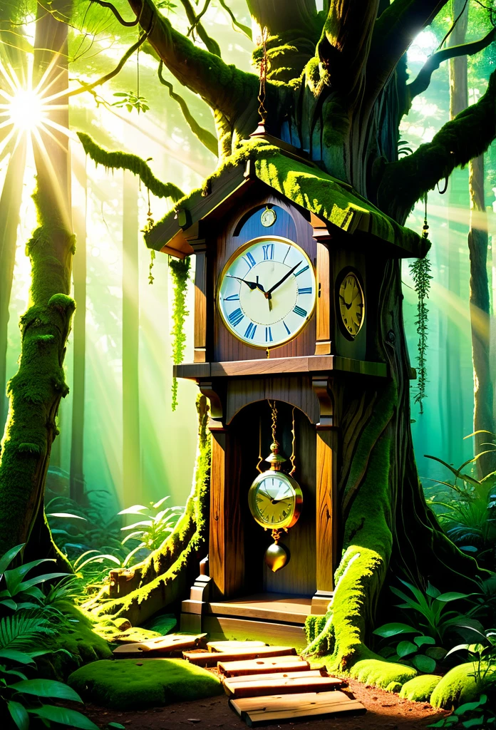 Wooden Clock in the Forest: A large wall clock made of rustic wood, hanging from an ancient, sturdy tree in a lush forest. Moss partially covers the clock, and beams of sunlight penetrate through the treetops, creating a magical and timeless setting.