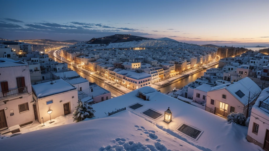 greece city with snow, realist 4k