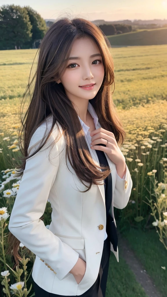highest quality、genuine、Super detailed、finely、High resolution、8k wallpaper、one beautiful woman、、、light brown disheveled hair、wearing a business suit、sharp focus、perfect dynamic composition、beautiful and detailed eyes、thin hair、Detailed genuine skin texture、smile、model body shape、In a windswept meadow