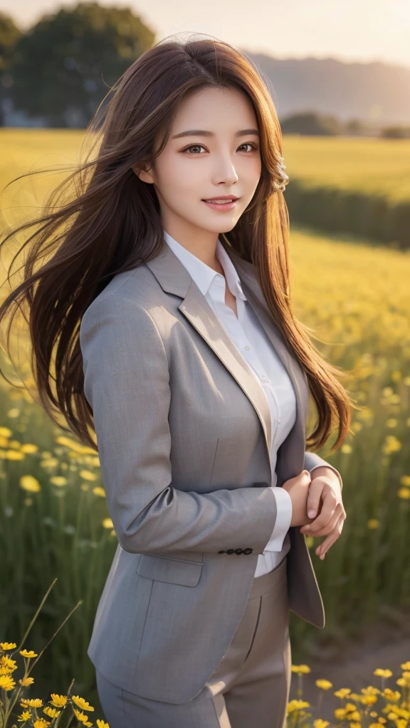 highest quality、genuine、Super detailed、finely、High resolution、8k wallpaper、one beautiful woman、、、light brown disheveled hair、wearing a business suit、sharp focus、perfect dynamic composition、beautiful and detailed eyes、thin hair、Detailed genuine skin texture、smile、model body shape、In a windswept meadow