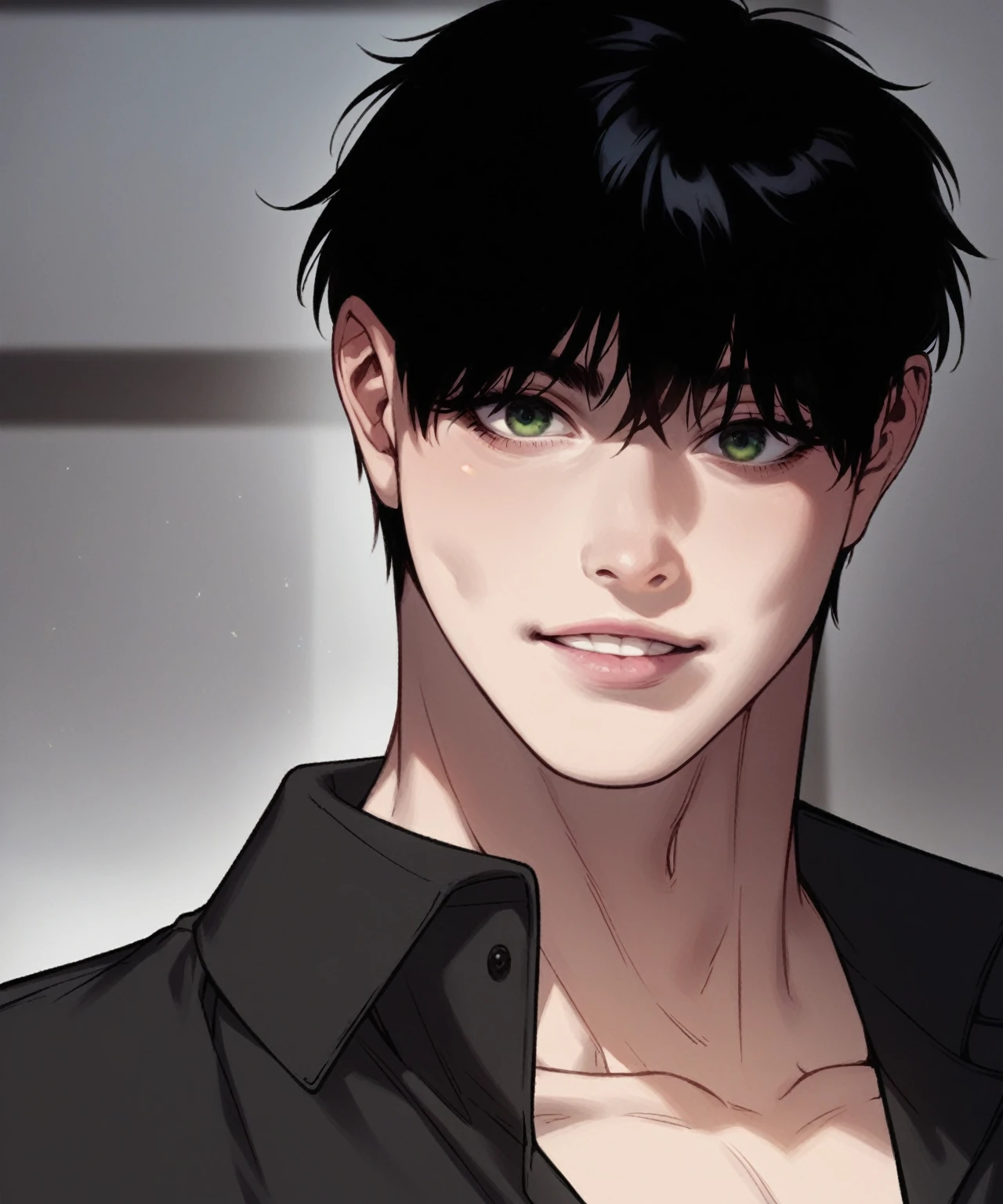 ((Best Quality)), (detailed), 1 chico, arete, pink lips, Approach, look at the viewer, rubio, green eyes, short straight hair with long bangs, smile softly, very handsome, White background. White shirt, Toned body, white tea, ((Puppy appearance)).