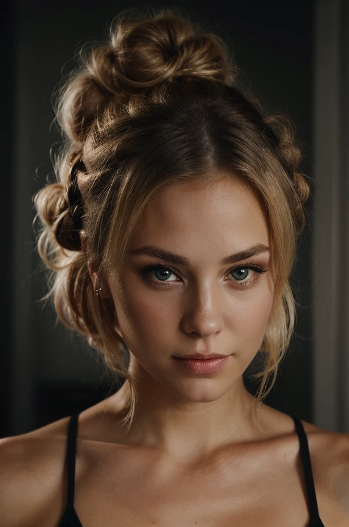 an eye contact of a blond with bun hair and dark theme