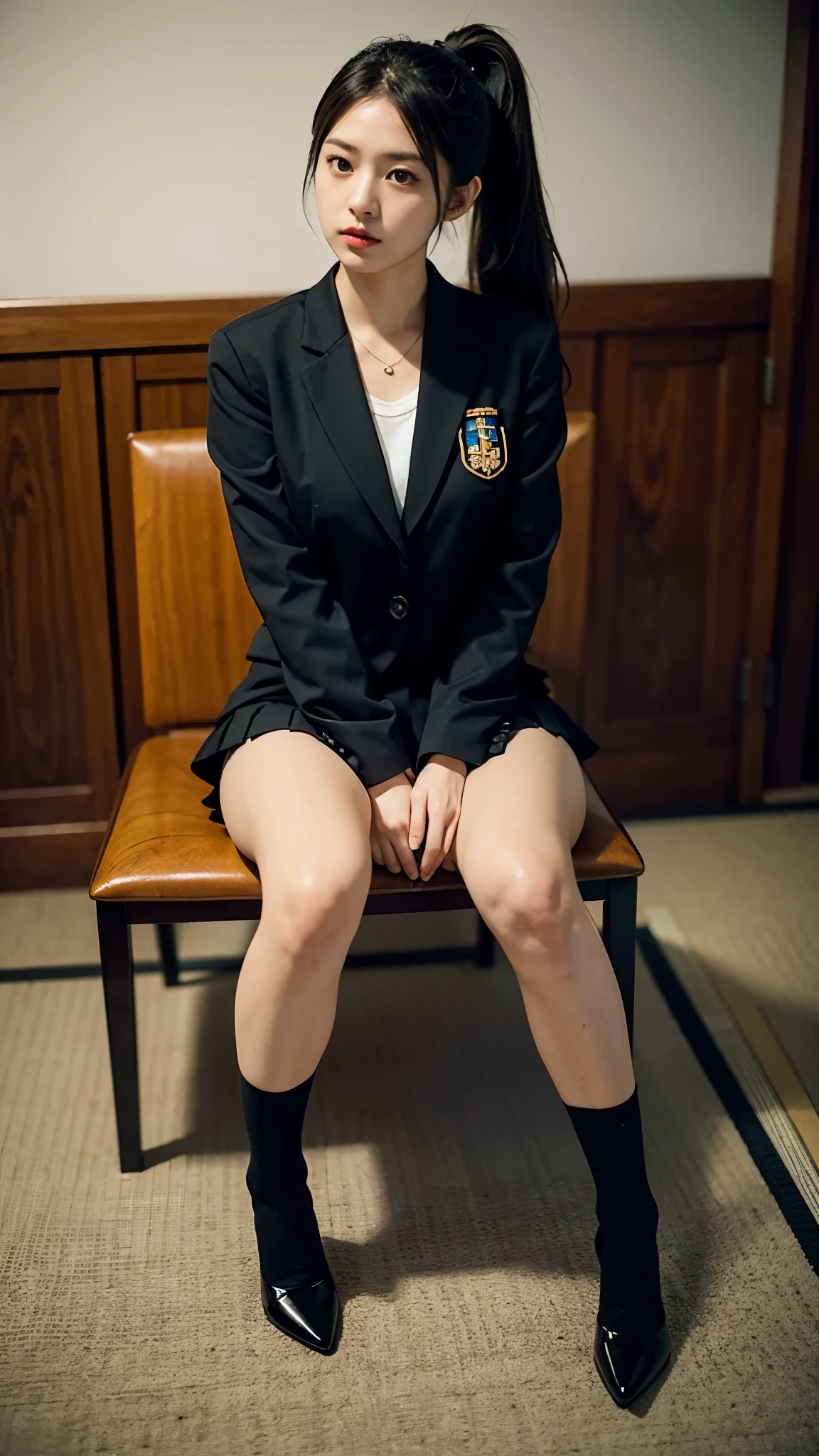 Actual photo、Highest im年 quality、Beautiful woman、Beautiful thighs、Beautiful Face、Uniform Ponytail、Yuriko Yoshitaka、Japanese women、pretty girl、skirt、Beautiful thighs、pumps、Sit on a chair、(front:1.6)、(Open your knees:1.4)、 shot、