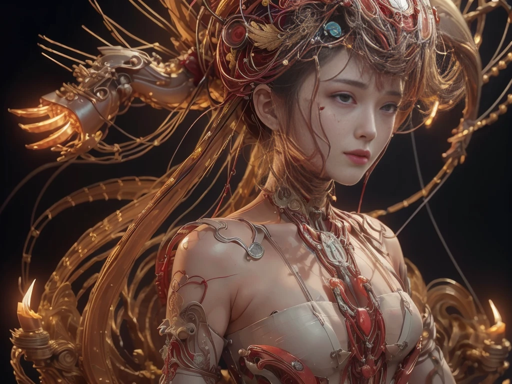 (Masterpiece, Top quality, Best quality, offcial art, Beautiful and aesthetic:1.2), (1girll:1.3), extreme detailed details,Colorful,highest details ((Ultra-detailed)), (Highly detailed CG illustration), ((An extremely delicate and beautiful)),(From the side Side),Cinematic light,((1机械女孩)),独奏,full bodyesbian,(machine made joints:1.2),((Mechanical limb)),(blood vessels attached to the tube),(Mechanical vertebrae attached to the back),((mechanical cervial attaching to neck)),(Sitting),Expressionless,(wires and cables attaching to neck:1.2),(wires and cables on head:1.2)(Character focus),Science fiction,White background,(Blood:1.2), dunhuang