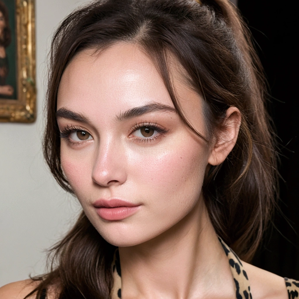 brown hair, woman with a messy ponytail and a leopard print top, brown haired woman, defined cheekbones, neck zoomed in from lips down, defined jawline, close up face, perfectly lit face, face close up, high cheekbones, slightly defined jawline, big cheekbones, close up at face, closeup shot of face, well defined jawline