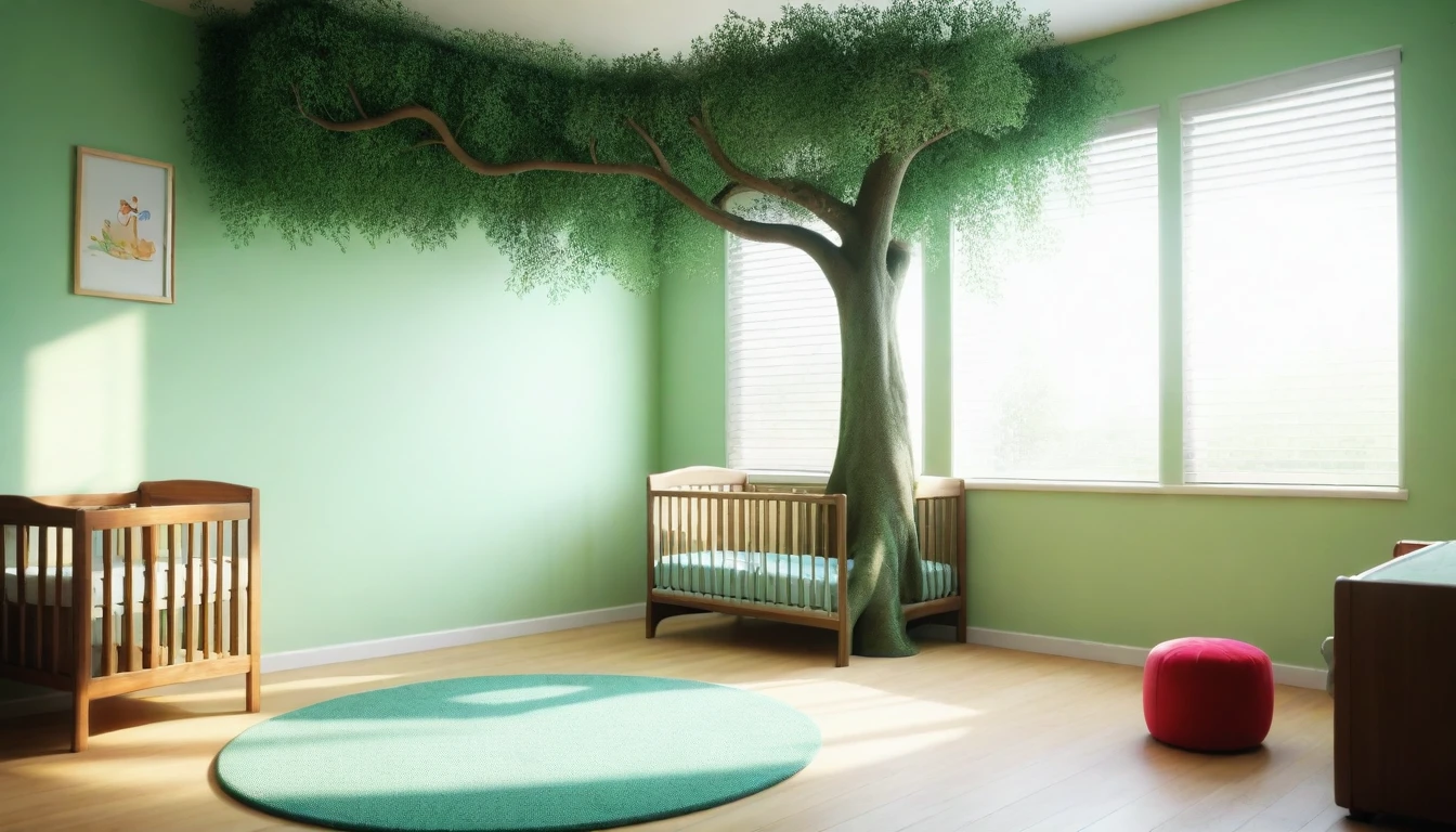 Split scene: on one side, an empty and sad nursery; on the other, the same nursery full of life and joy with a baby. In the center, a tree of life with its branches connecting the two scenes. Gentle and emotional style, high definition, realistic style, cinematic style, soft colors. Photorealism style, high resolution, 8k