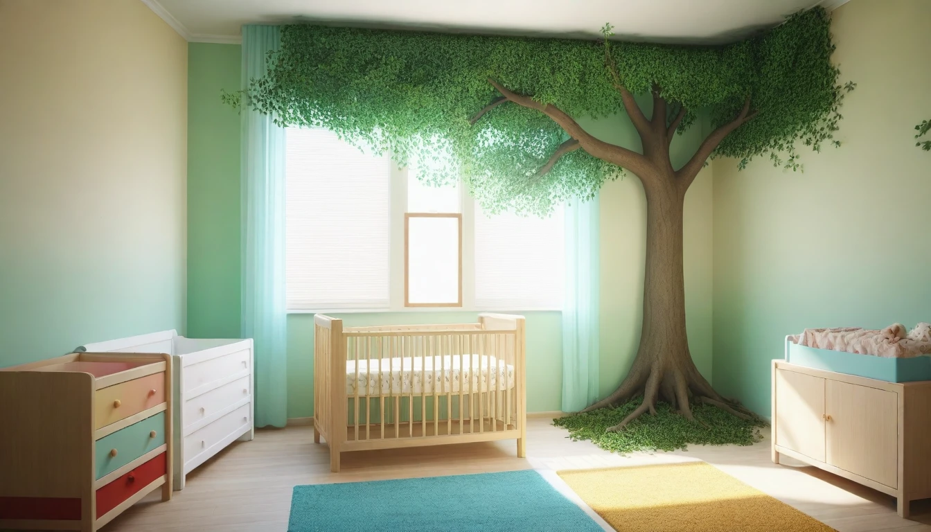 Split scene: on one side, an empty and sad nursery; on the other, the same nursery full of life and joy with a baby. In the center, a tree of life with its branches connecting the two scenes. Gentle and emotional style, high definition, realistic style, cinematic style, soft colors. Photorealism style, high resolution, 8k