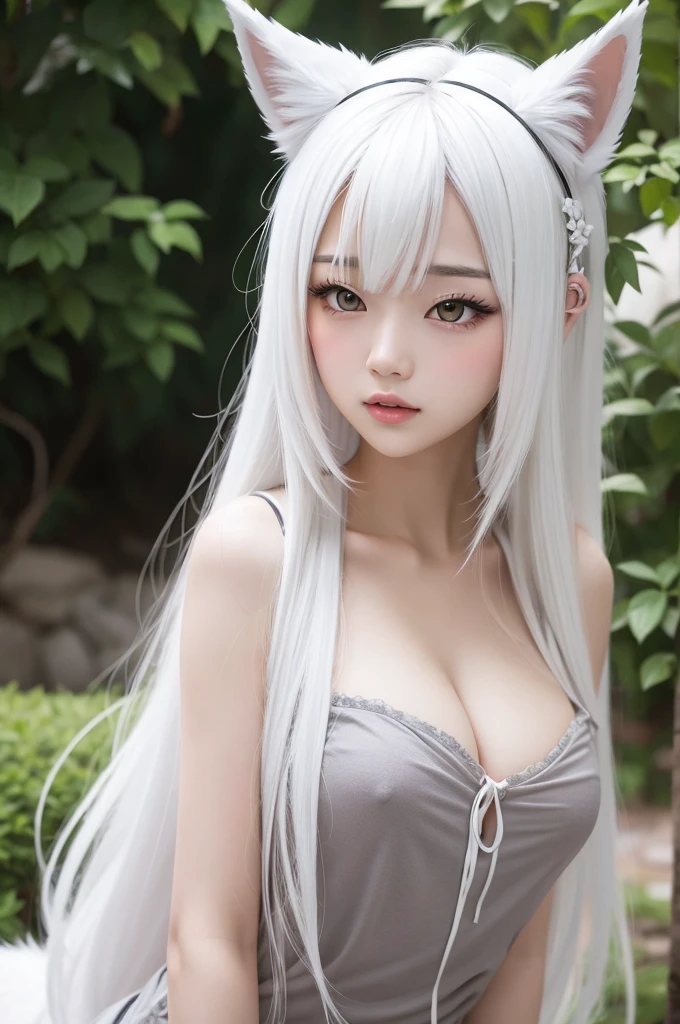 Long haired hentai girl with white colored wolf ears