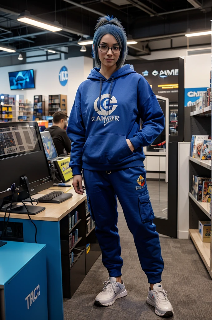 A full-body image of a slim woman with glasses and dyed blue hair, looking excited. She is wearing a hoodie with a game logo, cargo pants, and sneakers. She stands in a tech store, examining the latest gaming gear, with shelves of tech gadgets and other customers in the background.