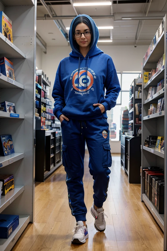 A full-body image of a slim woman with glasses and dyed blue hair, looking excited. She is wearing a hoodie with a game logo, cargo pants, and sneakers. She stands in a tech store, examining the latest gaming gear, with shelves of tech gadgets and other customers in the background.