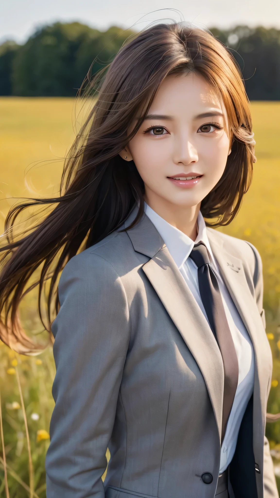 highest quality、genuine、Super detailed、finely、High resolution、8k wallpaper、one beautiful woman、、、light brown disheveled hair、wearing a business suit、sharp focus、perfect dynamic composition、beautiful and detailed eyes、thin hair、Detailed genuine skin texture、smile、model body shape、In a windswept meadow