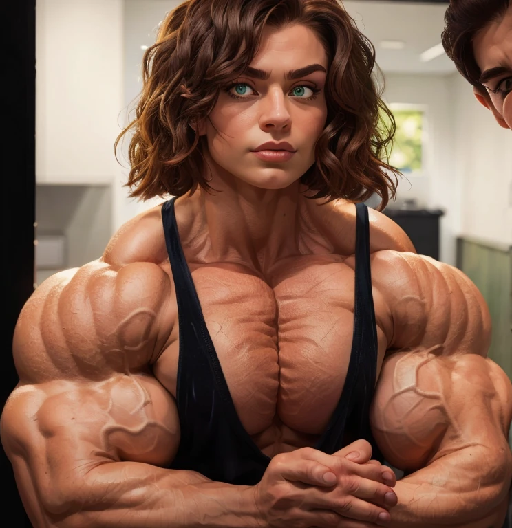 (masterpiece:1.2), (best quality), (ultra detailed), (8k, 4k, intricate),(full-body-shot:1), (highly detailed:1.2),(detailed face:1.2), (detailed background), muscle woman with dark hair, woman with huge muscles, mature woman, stern expression, green eyes