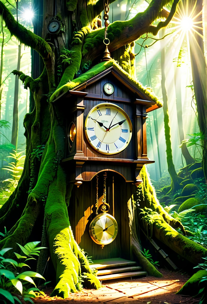 Wooden Clock in the Forest: A large wall clock made of rustic wood, hanging from an ancient, sturdy tree in a lush forest. Moss partially covers the clock, and beams of sunlight penetrate through the treetops, creating a magical and timeless setting.