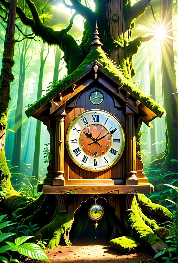 Wooden Clock in the Forest: A large wall clock made of rustic wood, hanging from an ancient, sturdy tree in a lush forest. Moss partially covers the clock, and beams of sunlight penetrate through the treetops, creating a magical and timeless setting.