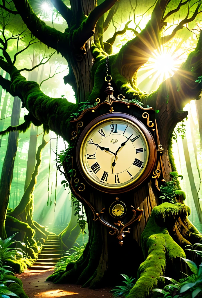 Wooden Clock in the Forest: A large wall clock made of rustic wood, hanging from an ancient, sturdy tree in a lush forest. Moss partially covers the clock, and beams of sunlight penetrate through the treetops, creating a magical and timeless setting.