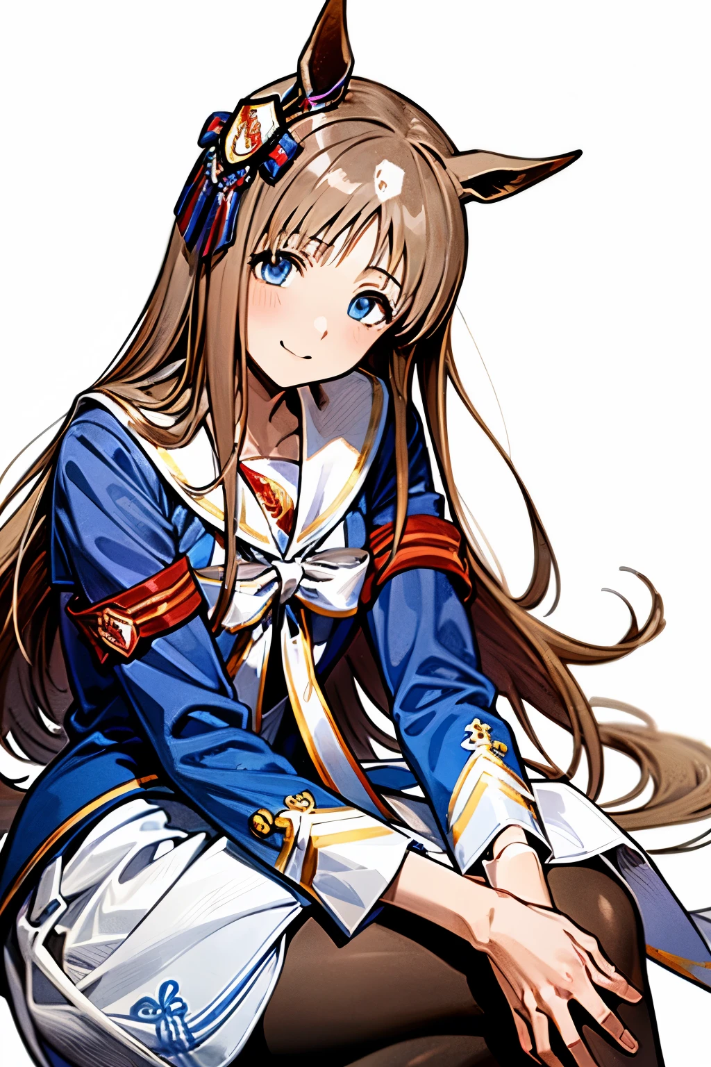 grass wonder \(Umamusume\), 1 girl, Solo, Best Quality, masterpiece, 8K, High resolution, Ultra-detailed, light smile, gentle smile, sitting on the floor holding her knees, Blue jacket, White sailor color, Long sleeves, White skirt, black pantyhose, simple background,