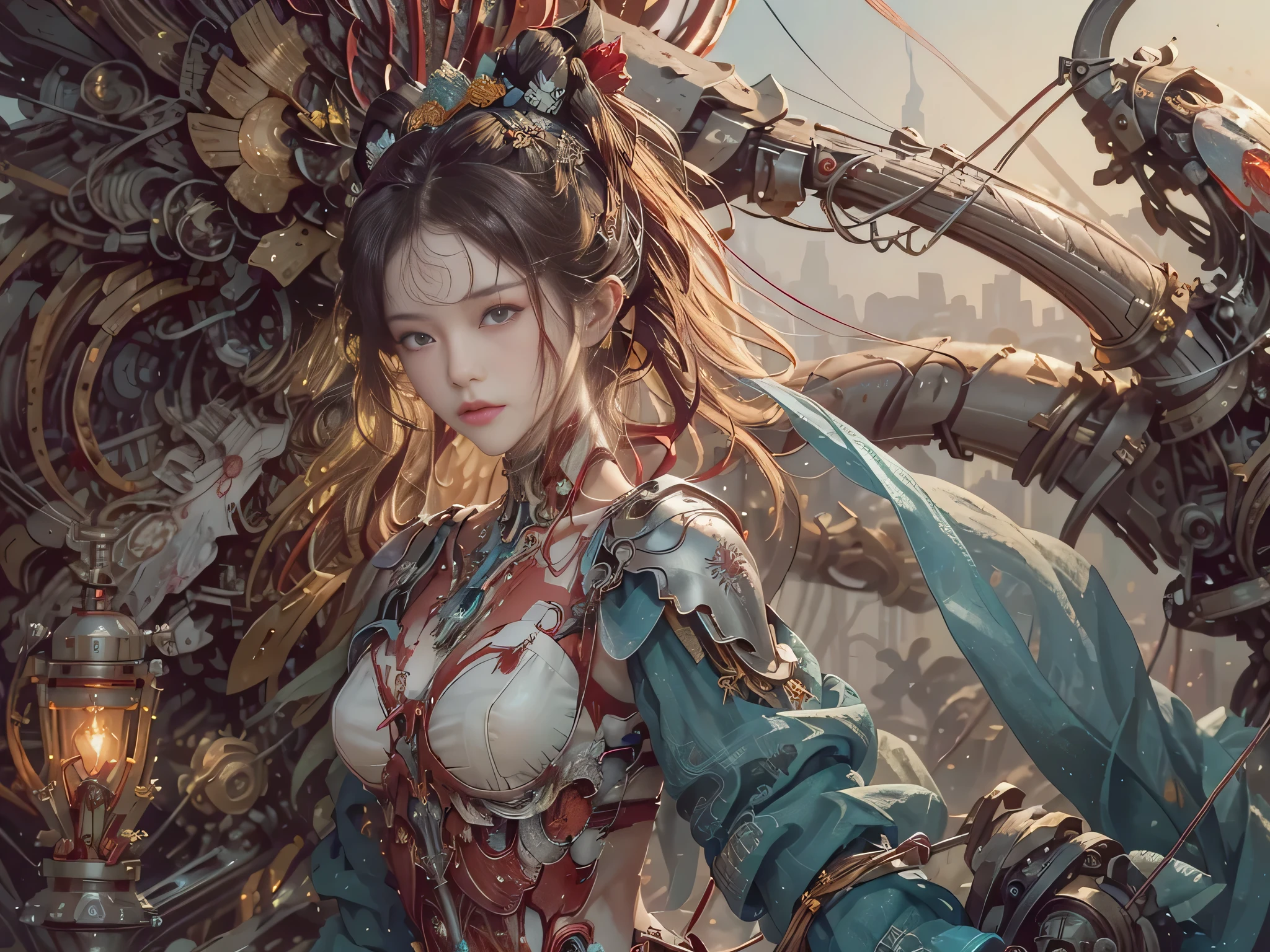 (Masterpiece, Top quality, Best quality, official art, Beautiful and aesthetic:1.2), extreme detailed details, (extreme detailed eyes:1.2), (extreme detailed face:1.2),  Colorful, highest details ((Ultra-detailed)), (Highly detailed CG illustration), ((An extremely delicate and beautiful)),(From the side Side),Cinematic light, ((1 mechanical girl)), Solo, full body, (machine made joints:1.2), ((Mechanical limb)), (blood vessels attached to the tube), (Mechanical vertebrae attached to the back), ((mechanical chervil attaching to neck)), Expressionless, (wires and cables attaching to neck:1.2), (wires and cables on head:1.2), Science fiction, (Blood:1.2), dunhuang, big