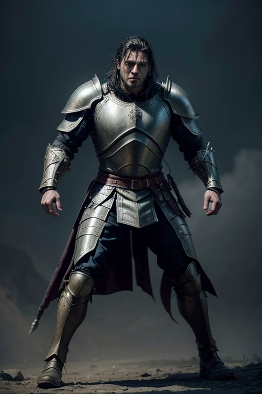 a powerful man warrior , detailed armor, detailed full body features, intense gaze, dynamic pose, medieval fantasy, dramatic lighting, cinematic composition, muted color palette, epic adventure