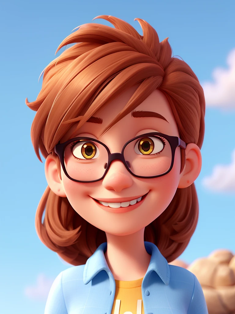 a smiling woman, Youngh, chestnut hair, wearing glasses, blue sky, Pixar-style, 3d, animation