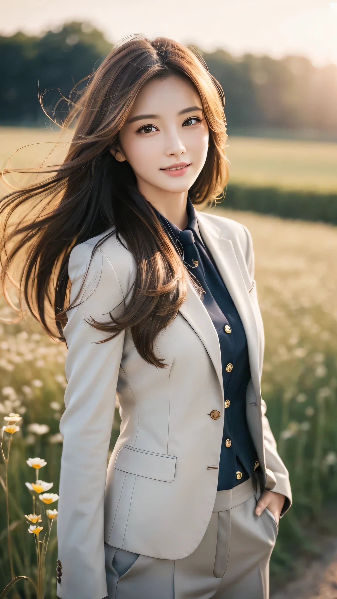 highest quality、genuine、Super detailed、finely、High resolution、8k wallpaper、one beautiful woman、、、light brown disheveled hair、wearing a business suit、sharp focus、perfect dynamic composition、beautiful and detailed eyes、thin hair、Detailed genuine skin texture、smile、model body shape、In a windswept meadow