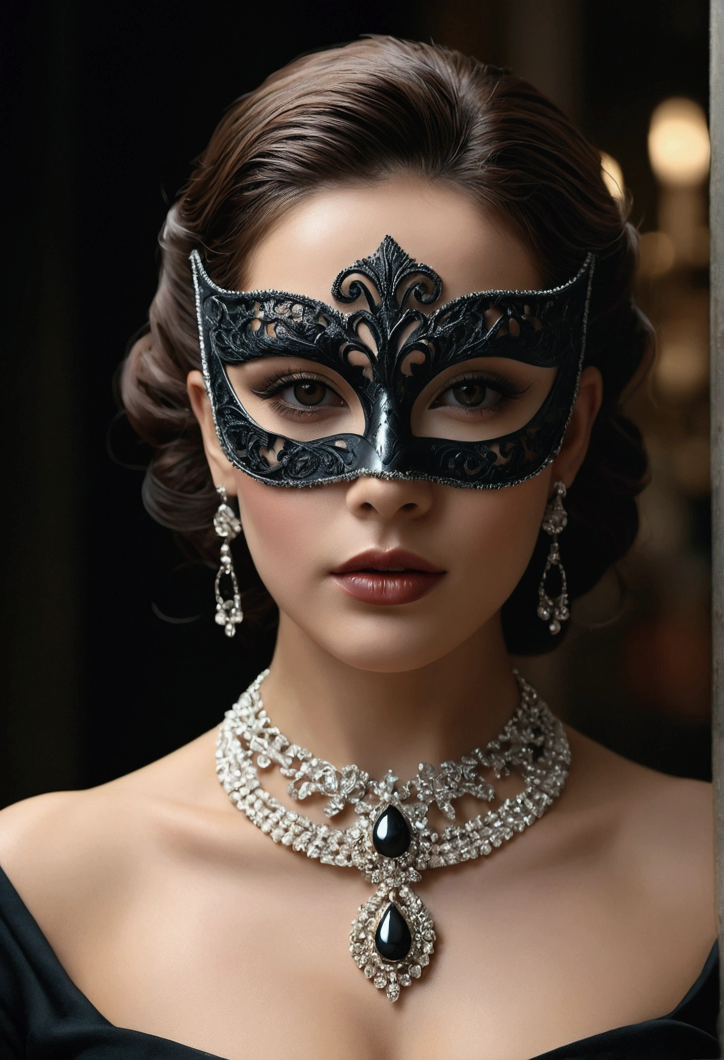 A beautiful woman with mask, two pure diabetics, densely durable, necklace and stylishly jewelry, (the best quality, 4K, 8k, highlights, masterpiece: 1.2), very detailed, (realistic, realistic, realistic pictures: 1.37), 1 girl, beautiful detailed eyes, beautiful, free, fluorides, black felt, hair flexible, high quality, hairdressers, dark hair, dark, lighting, lighting, high quality film, highlighting, high-end filming, style of sound, style of vogue, dark colors, mask colors, gums, rich colors,