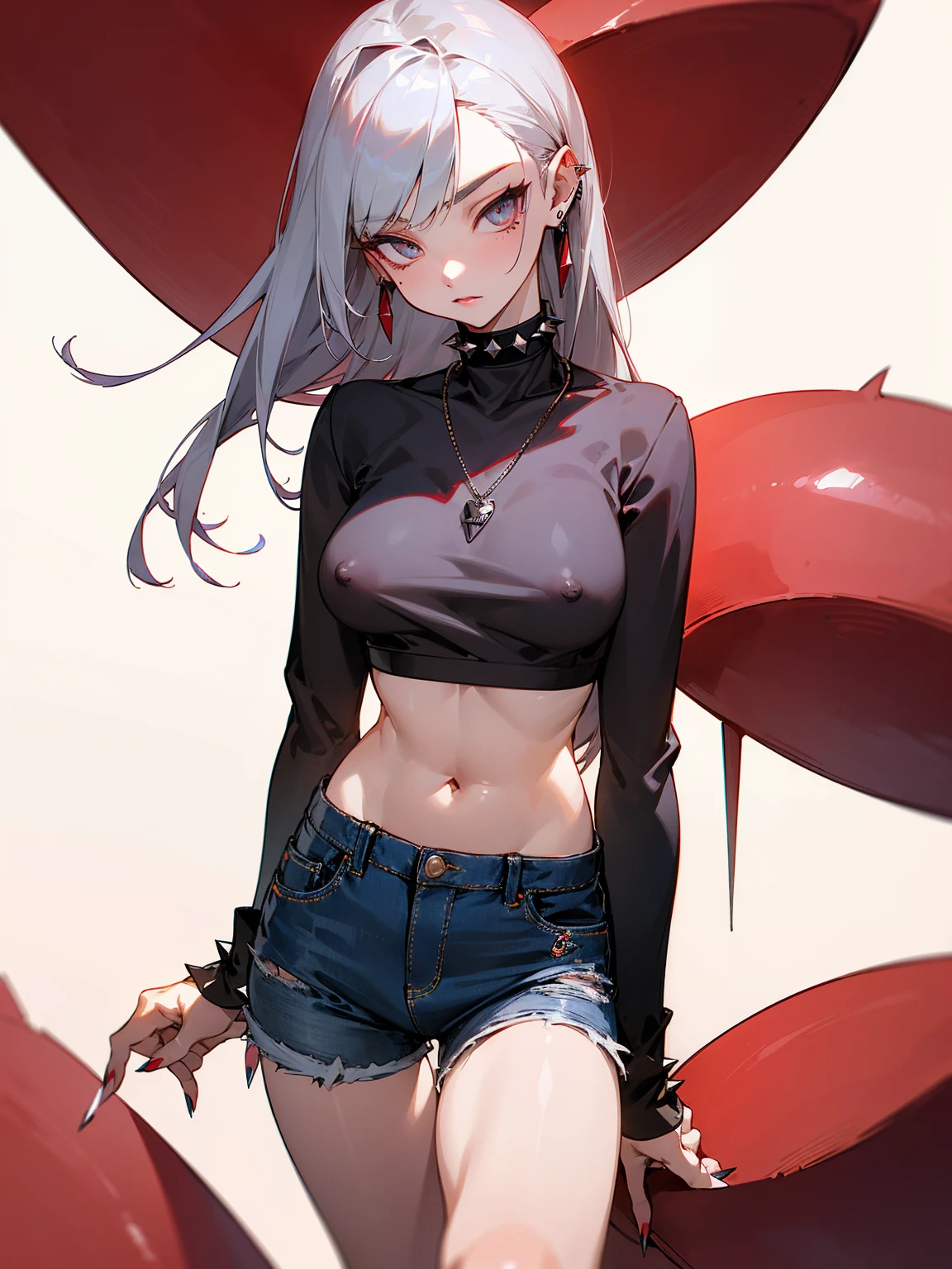 ((Long Straight Silver hair)), Perfect face, Choker, Punk earrings, ((Tall)), ((High Quality)), Necklace, ((Mature)), Pretty Eyes, Sharp Nails, Bangs, ((1 Girl)), ((Multiple Earrings)), 1 girl, Spiky Earrings, Adult, Spiked Collar, Thin Eyelashes, Plain Background, Red Colors in Background, Vampire Girl, Long Tail, Large Tail, Massive Tail, Shark Tail, ((Jean Shorts)), ((Long Sleeve Crop Top)), Close Up, Very Short Mini Skirt, Tall, Long Legs, Dynamic Pose, Black Tail, 2 moles under left eye, Wide Hips, Pantyhose, Vibrant Colors, Close Up, Sexy, Suggestive, Sexually Suggestive, NSFW, Naked, Nipples, Vagina,