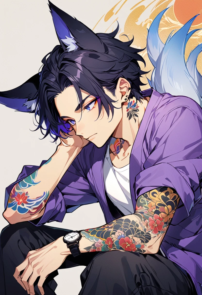 1man, short black hair, kitsune ears, bright blueviolet eyes, wearing a purple casual jacket, wearing a white undershirt, wearing black pants , wearing a vintage blueviolet watch, japanese style tattoos, colorfull tattoos, tattoos all over the arms, resting head with hand