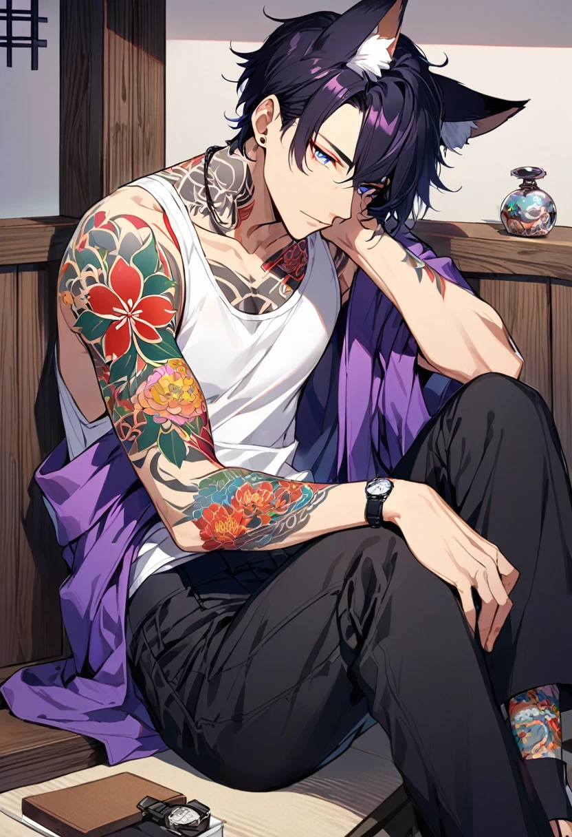 1man, short black hair, kitsune ears, bright blueviolet eyes, wearing a purple casual jacket, wearing a white undershirt, wearing black pants , wearing a vintage blueviolet watch, japanese style tattoos,  colorfull tattoos, tattoos all over the arms, resting head with hand