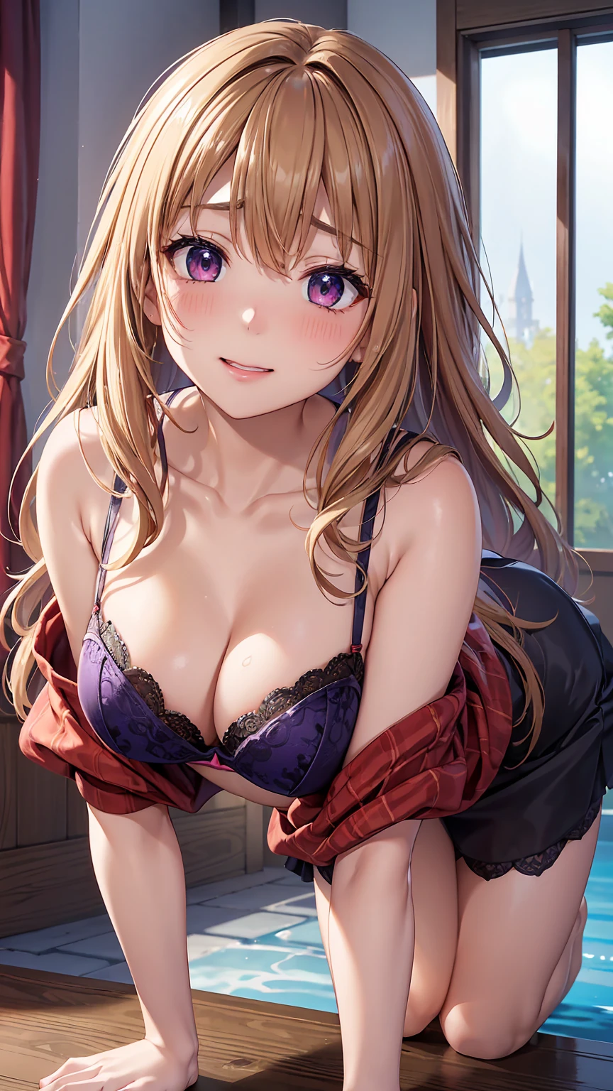 ((Highest quality、High resolution、Highly detailed CG Unity 8K wallpapers))、Adult female, Sexy Witch Cosplay, Long dark blonde wavy hair、Off-the-shoulder knit, Black pencil mini skirt, 、Medium Milk, blush, Embarrassed laugh, Exposing shoulders、(Pose to lean forward and emphasize the chest)、Sexy purple and red bra、((blue and red lace panties))、Gorgeous magic wand and book、Hotel swimming pool、night、Sexy pose、Accentuate your butt、((Embarrassed expression))、On all fours