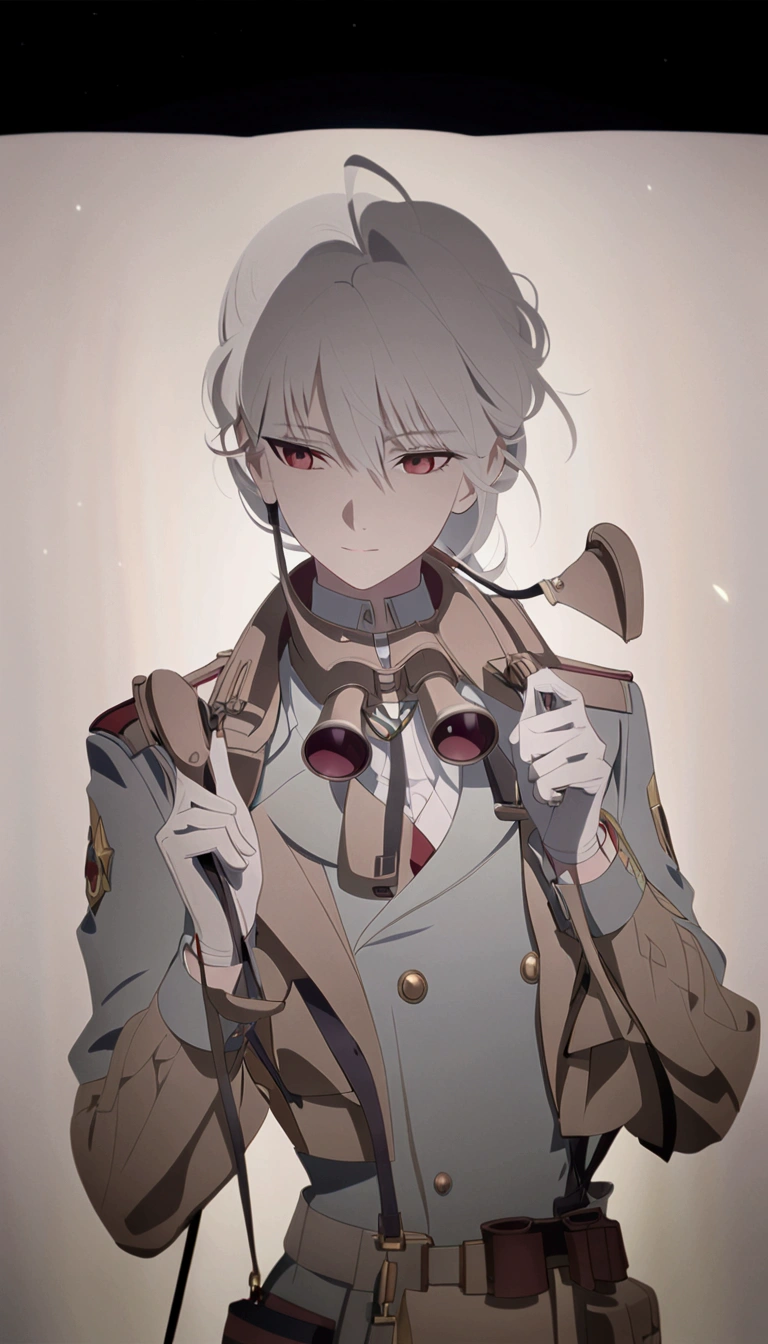 Coloring the line drawing,White hair,Blue tuxedo,White gloves,Red eyes,Brown binoculars around the neck,detail,Light and Shadow,shadow