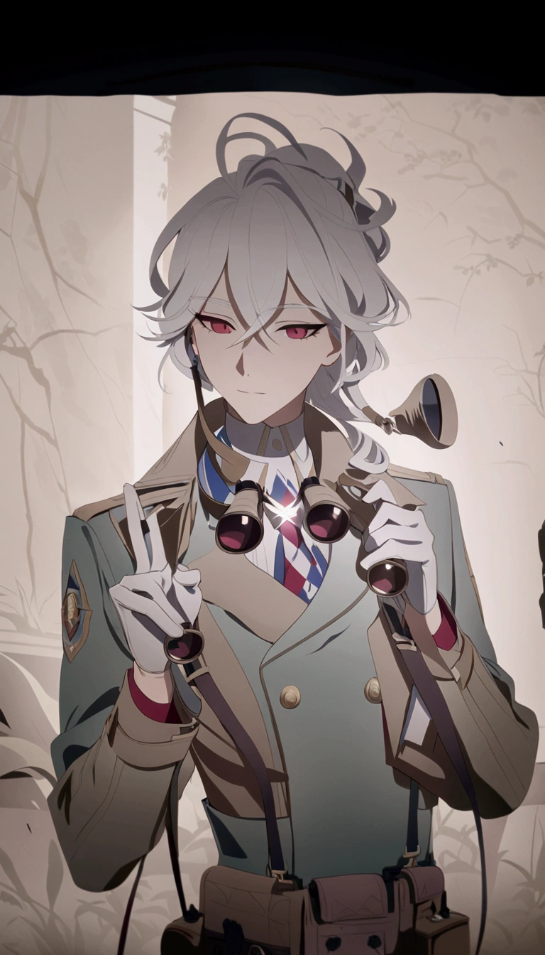 Coloring the line drawing,White hair,Blue tuxedo,White gloves,Red eyes,Brown binoculars around the neck,detail,Light and Shadow,shadow