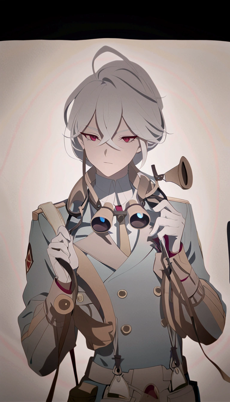 Coloring the line drawing,White hair,Blue tuxedo,White gloves,Red eyes,Brown binoculars around the neck,detail,Light and Shadow,shadow