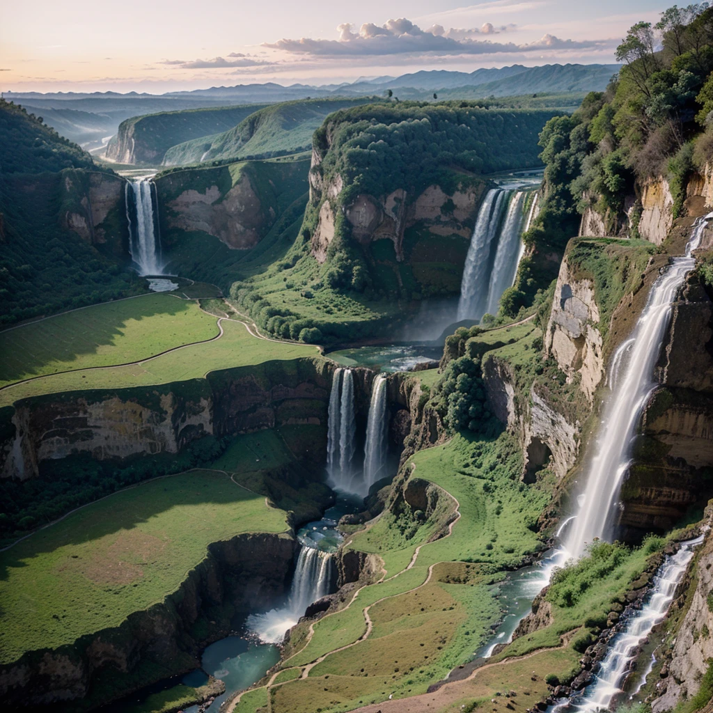 a valley with waterfalls seen from above, with dawn light that transmits peace 