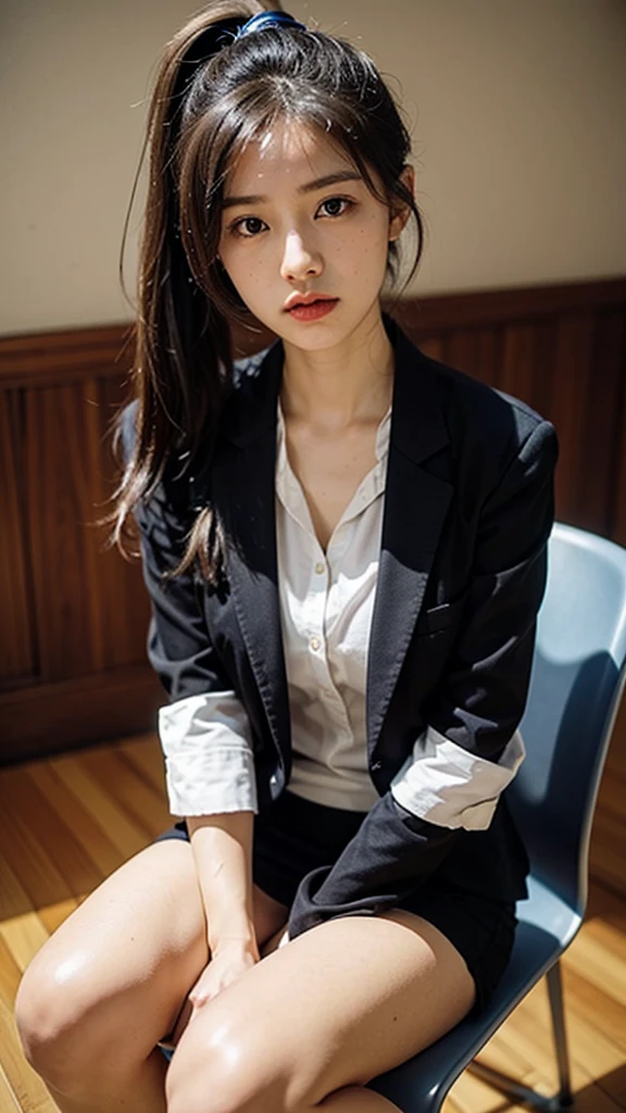 Actual photo、Highest im年 quality、Beautiful woman、Beautiful thighs、Beautiful Face、Uniform Ponytail、Yuriko Yoshitaka、Japanese women、pretty girl、skirt、Beautiful thighs、pumps、Sit on a chair、(front:1.6)、(Open your knees:1.4)、Panty shot、