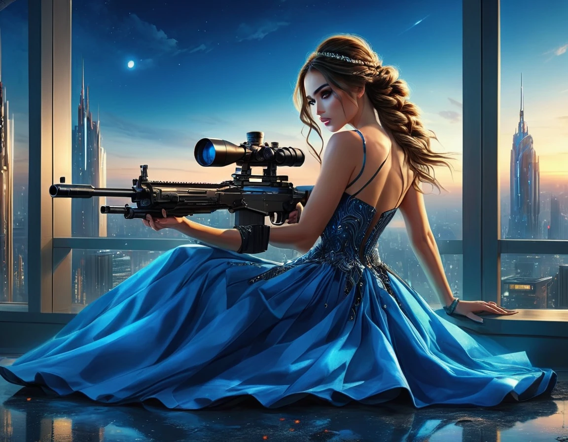 a portrait picture of a 1single woman sniper, standing in a window aiming a sniper rifle, an exotic beautiful woman sniper, dynamic hair, braided hair, full body shop, intense blue eyes, ultra detailed face, wearing (intricate evening dress: 1.5), elegant dress, dynamic color, dynamic style, wearing elegant stiletto heels , behind a window in a tall building at nigh, aiming a Light Sniper Rifle , cyberpunk city background, its night time, moon rays, some clouds,  (full body shot: 1.1) , vibrant, Ultra-high resolution, High Contrast, (masterpiece:1.5), highest quality, Best aesthetics), best details, best quality, highres, ultra wide angle, 16k, [ultra detailed], masterpiece, best quality, (extremely detailed) Sniper Rifle, evening dress